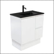 Fienza Dolce Tclb75Zkr 750Mm Matte Black Fingerpull Satin White Vanity On Kickboard Right Drawers -