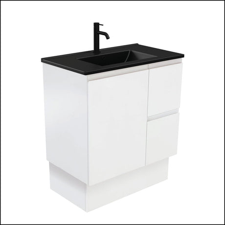 Fienza Dolce Tclb75Zkr 750Mm Matte Black Fingerpull Satin White Vanity On Kickboard Right Drawers -