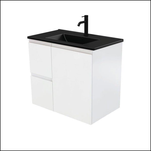 Fienza Dolce Tclb75Zl 750Mm Matte Black Fingerpull Satin White Wall Hung Vanity Left Drawers -