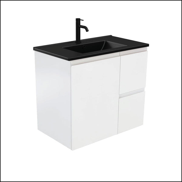 Fienza Dolce Tclb75Zr 750Mm Matte Black Fingerpull Satin White Wall Hung Vanity Right Drawers -