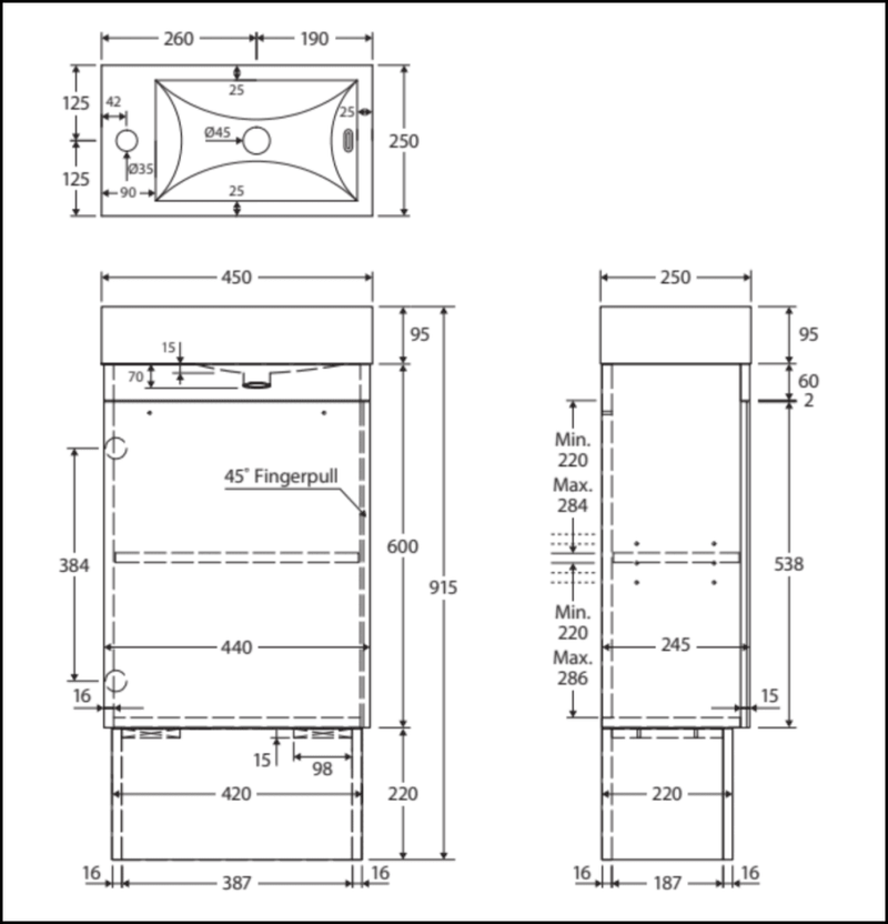 Fienza Edge 45Rsk-Of Scandi Oak 450Mm Vanity With Kickboard Overflow - Special Order Units