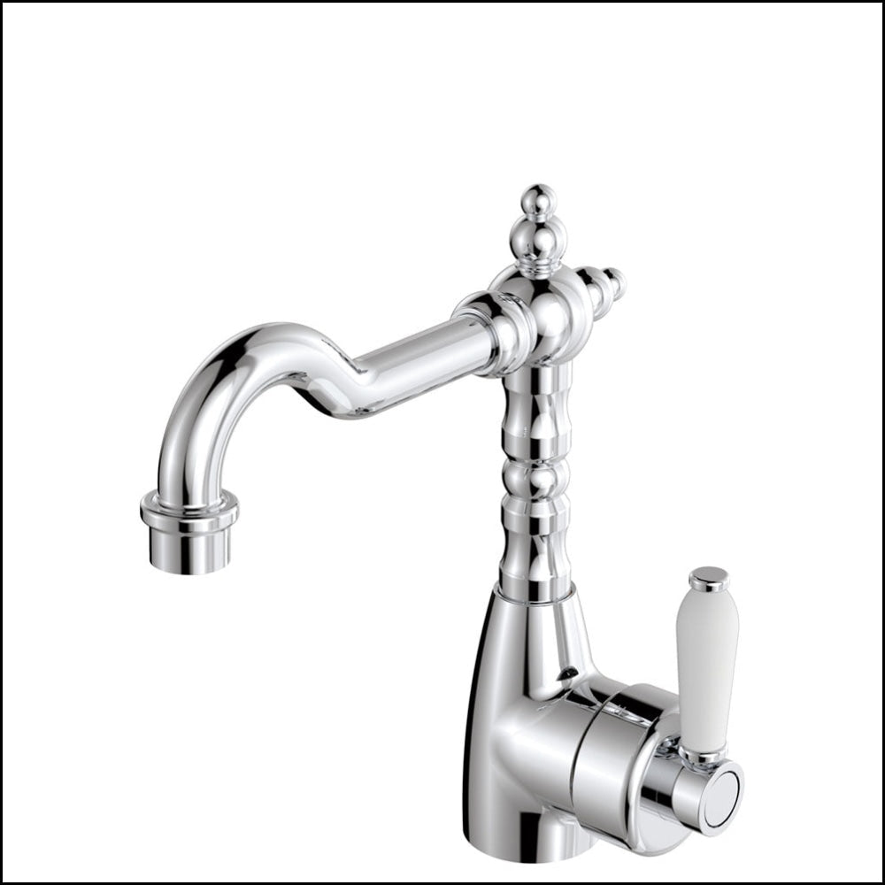 Fienza Eleanor 202103 Shepherds Crook Chrome Mixer With White Ceramic Handle Basin Mixers