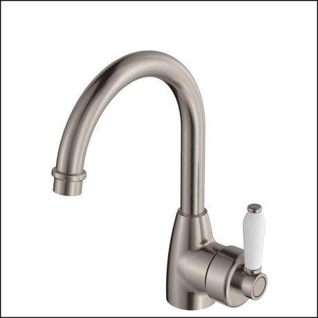 Fienza Eleanor 202104Bn Gooseneck Brushed Nickel Mixer With White Ceramic Handle Basin Mixers