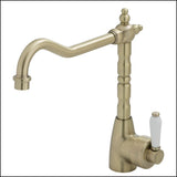 Fienza Eleanor 202105Bb Shepherds Crook Champagne Sink Mixer With White Ceramic Handle Kitchen Taps