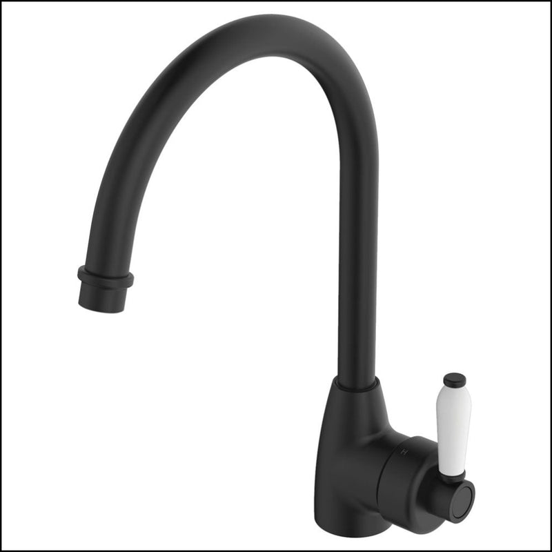 Fienza Eleanor 202109Bk Matte Black Gooseneck Mixer With White Ceramic Handle Kitchen Taps