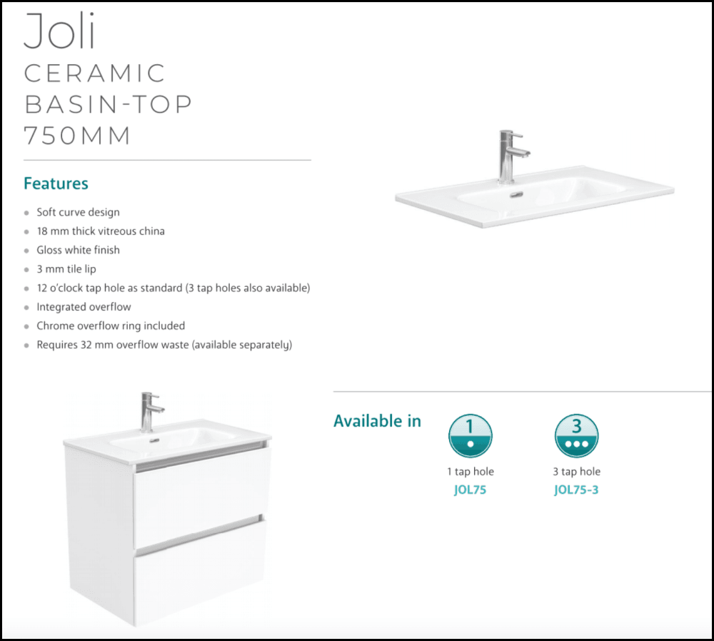 Fienza Joli Jol75Tk Hampton 750Mm White Vanity Unit On Kickboard - Special Order Units
