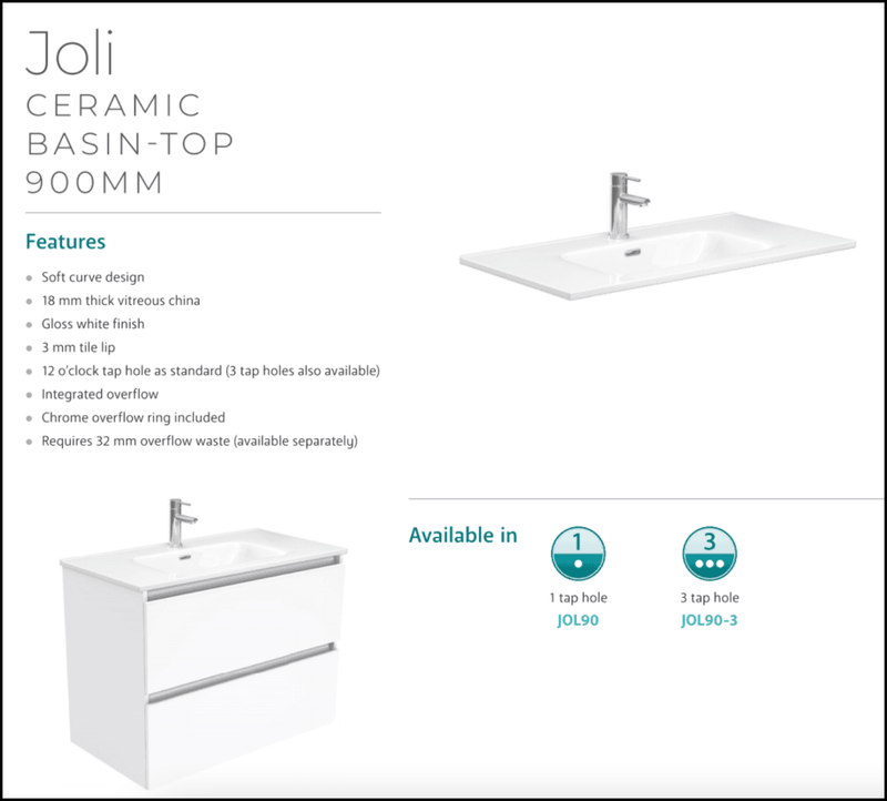 Fienza Joli Jol90Tk 900Mm Hampton Vanity Unit With Kickboard White - Special Order Units