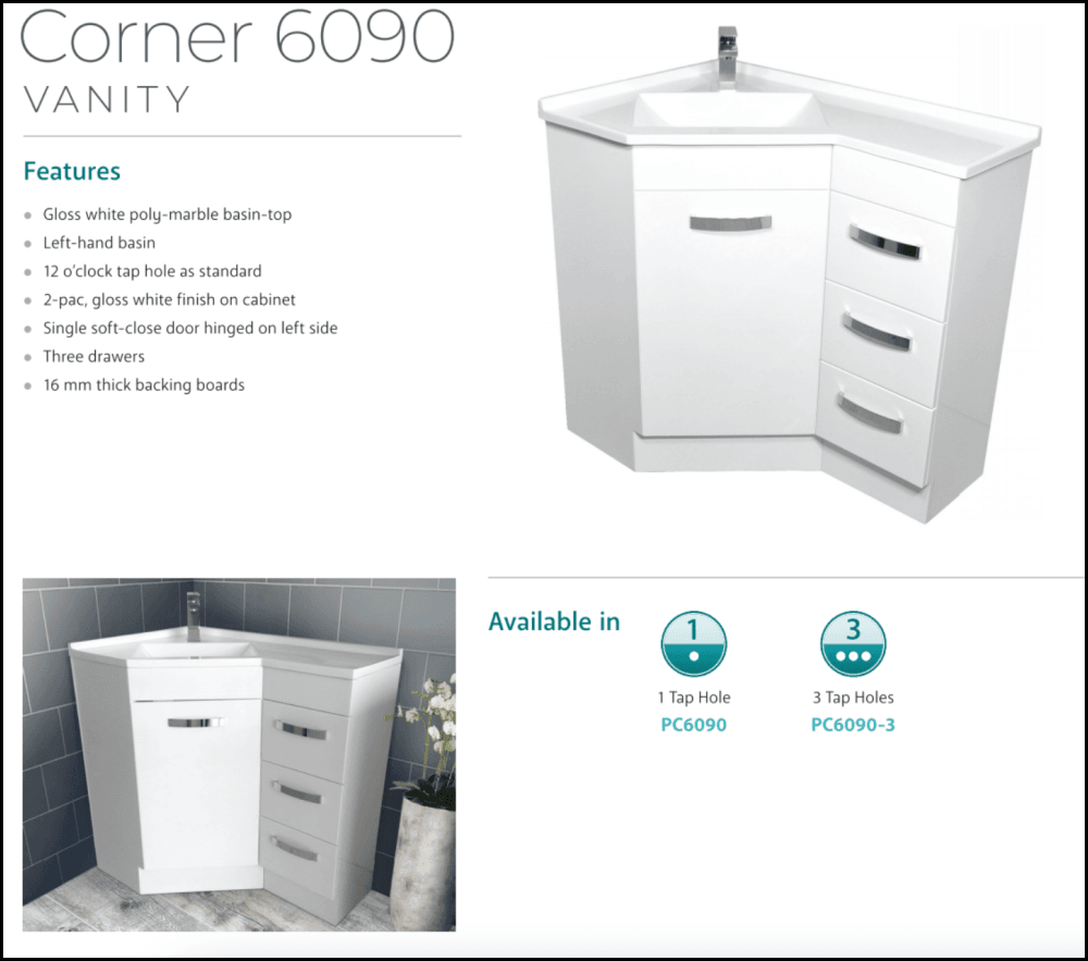 Fienza Pc6090 Corner 600X900 Vanity Unit White - Special Order Units
