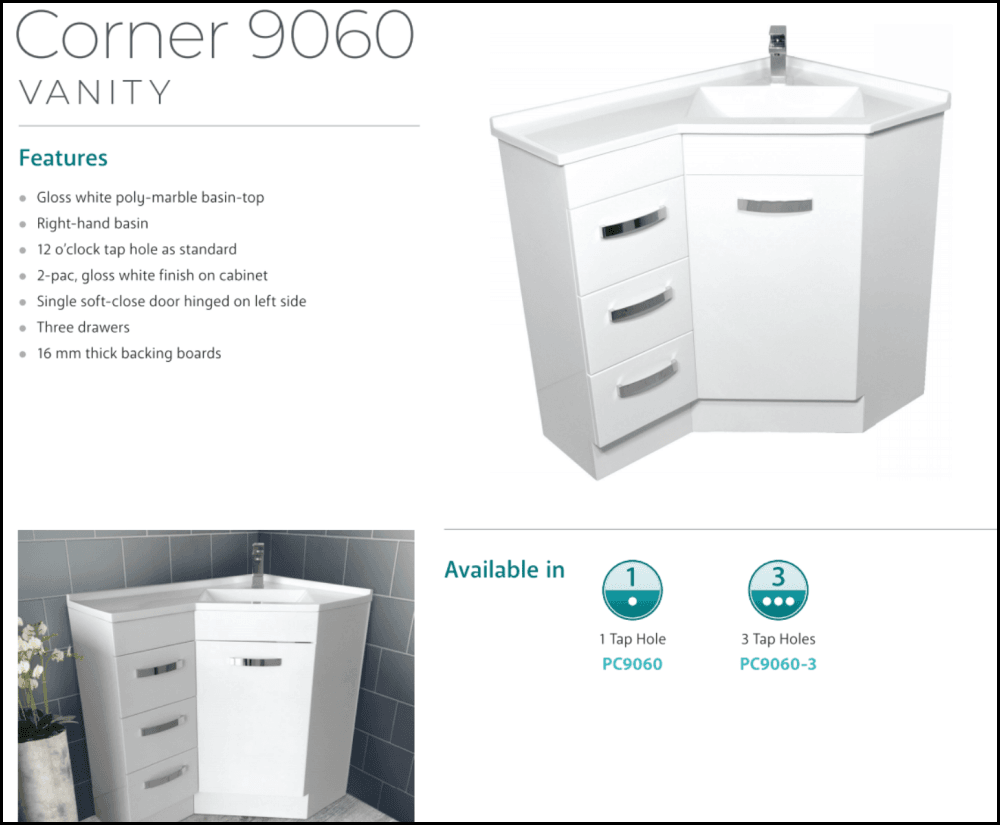 Fienza Pc9060 Corner 600X900 Vanity Unit White - Special Order Units