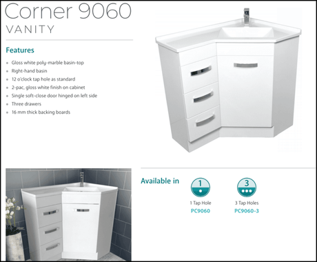 Fienza Pc9060 Corner 600X900 Vanity Unit White - Special Order Units