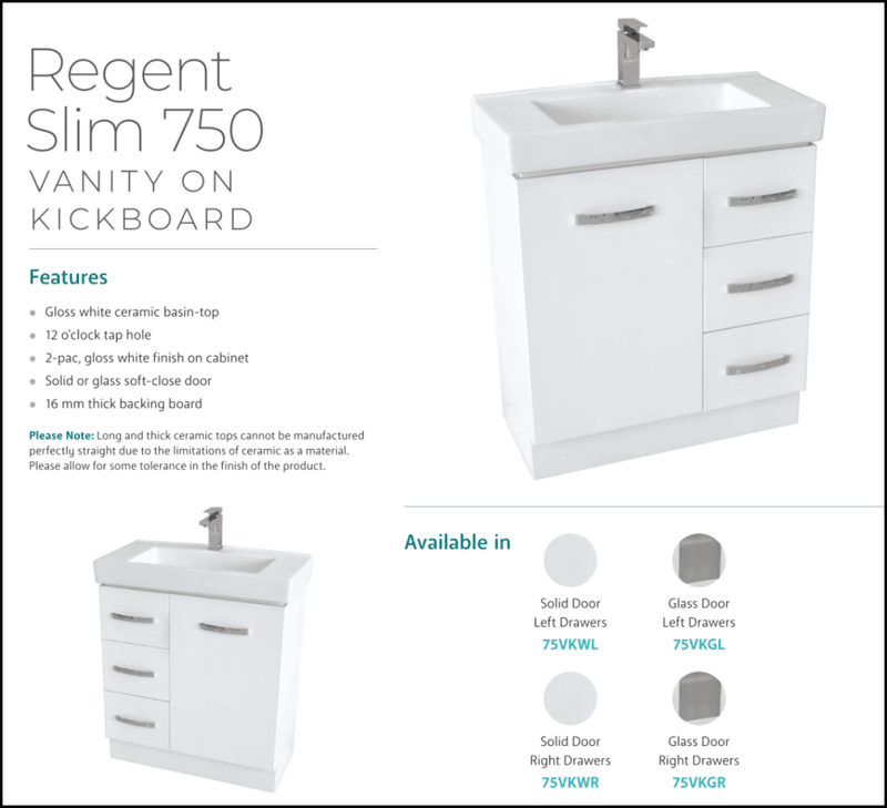 Fienza Regent Slim 75Vkw 750Mm White Vanity - Special Order Units