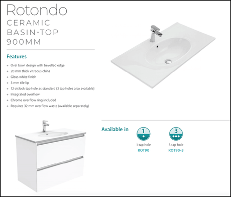 Fienza Rotondo 900Mm Rot90Tk Hampton White Vanity Unit On Kickboard - Special Order Units