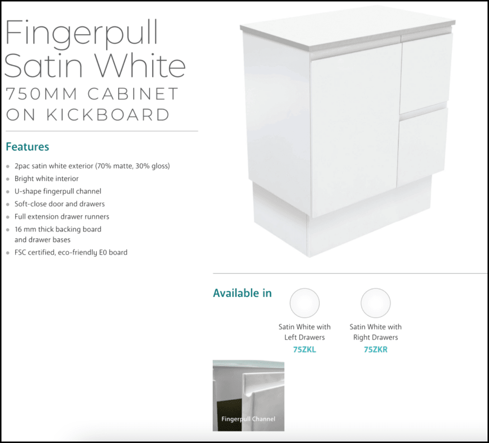 Fienza Sc75Zkl 750Mm Crystal Pure Undermount Stone Top Vanity Unit With Kickboard Fingerpull Left