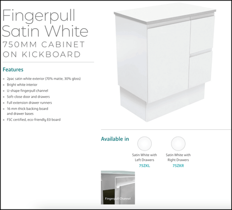 Fienza Sc75Zkl 750Mm Crystal Pure Undermount Stone Top Vanity Unit With Kickboard Fingerpull Left