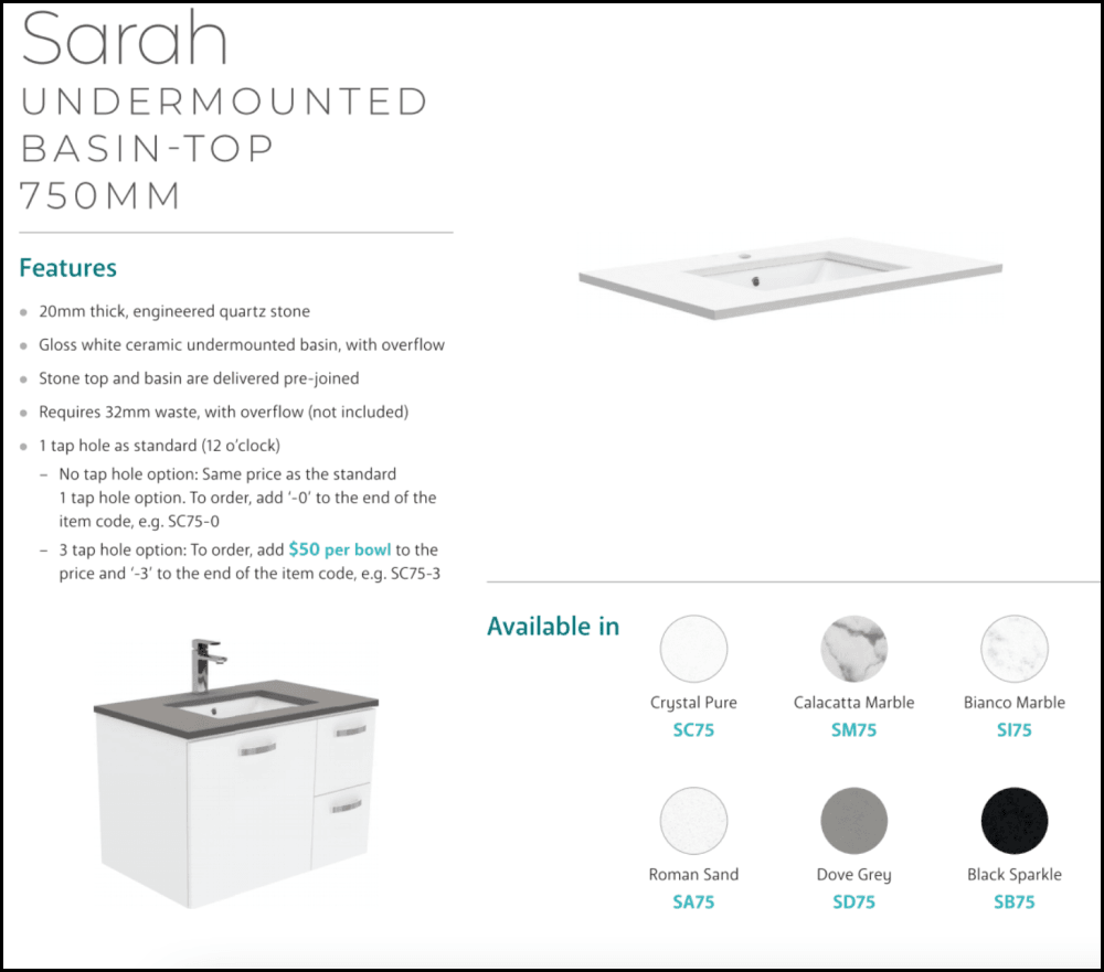 Fienza Sc75Zkl 750Mm Crystal Pure Undermount Stone Top Vanity Unit With Kickboard Fingerpull Left