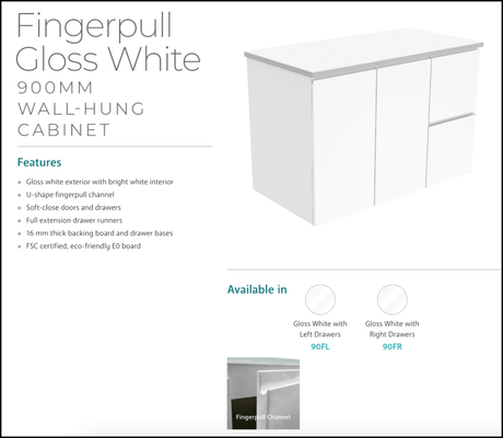 Fienza Sc90Fl 900Mm Crystal Pure Undermount Stone Top Fingerpull Wall Hung Vanity Unit Left Drawers