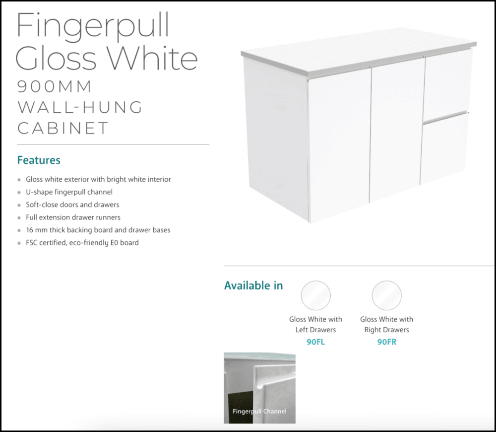 Fienza Sc90Fr 900Mm Crystal Pure Undermount Stone Top Fingerpull Wall Hung Vanity Unit Right Drawers