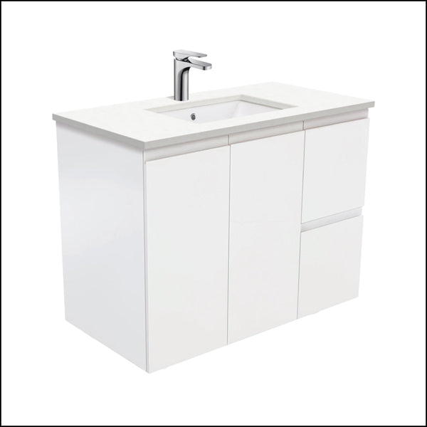 Fienza Sc90Zr 900Mm Crystal Pure Undermount Stone Top Fingerpull Wall Hung Vanity Unit Right Drawers