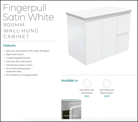 Fienza Sc90Zr 900Mm Crystal Pure Undermount Stone Top Fingerpull Wall Hung Vanity Unit Right Drawers