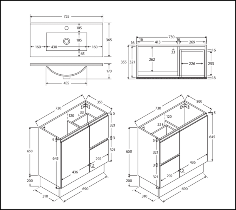 Fienza Siska 75Dfkl Slim 750Mm Satin White Vanity Unit With Kickboard Left Drawers - Special Order