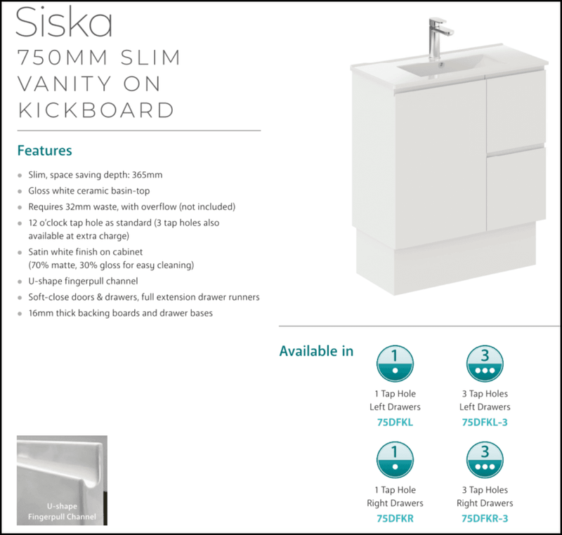 Fienza Siska 75Dfkl Slim 750Mm Satin White Vanity Unit With Kickboard Left Drawers - Special Order