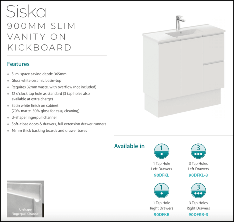 Fienza Siska 90Dfkl Slim 900Mm Kickboard Vanity Unit Left Drawers Satin White - Special Order Units