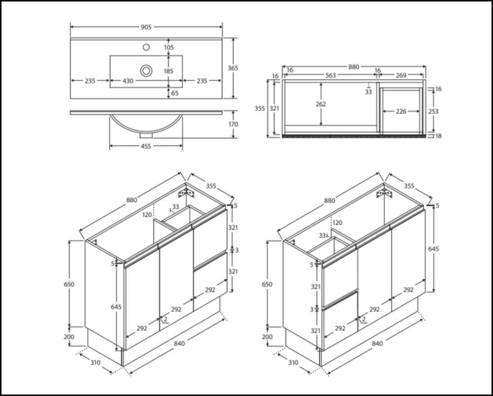 Fienza Siska 90Dfkr Slim 900Mm Kickboard Vanity Unit Right Drawers Satin White - Special Order Units