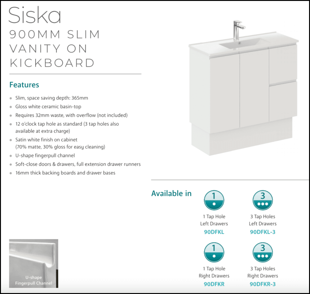Fienza Siska 90Dfkr Slim 900Mm Kickboard Vanity Unit Right Drawers Satin White - Special Order Units