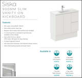 Fienza Siska 90Dfkr Slim 900Mm Kickboard Vanity Unit Right Drawers Satin White - Special Order Units