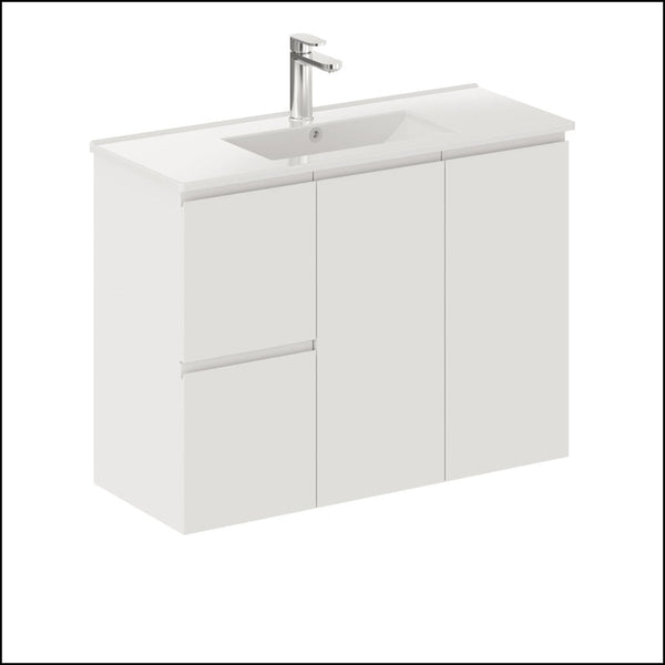 Fienza Siska 90Dfl 900Mm Slim Wall Hung Vanity Unit Left Drawers Satin White - Special Order Units