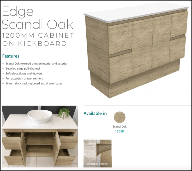 Fienza Tcl120Sk 1200Mm Dolce Edge Scandi Oak Vanity On Kickboard - Special Order Units