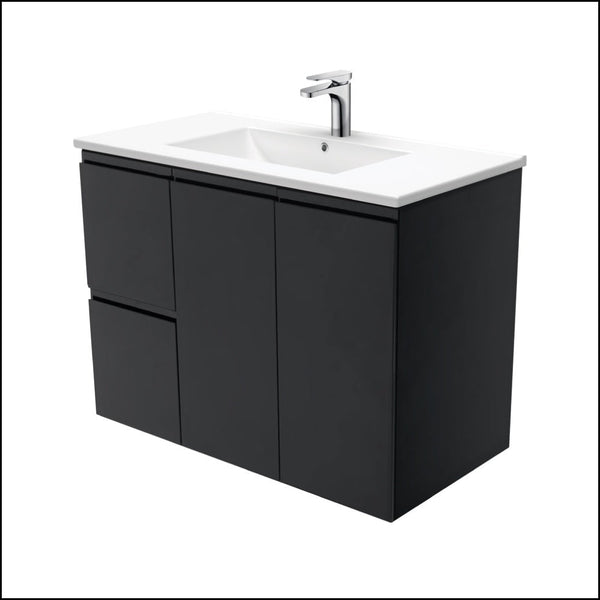 Fienza Tcl90Zbl Dolce 900Mm Fingerpull Satin Black Wall Hung Vanity Left Draws - Special Order Units