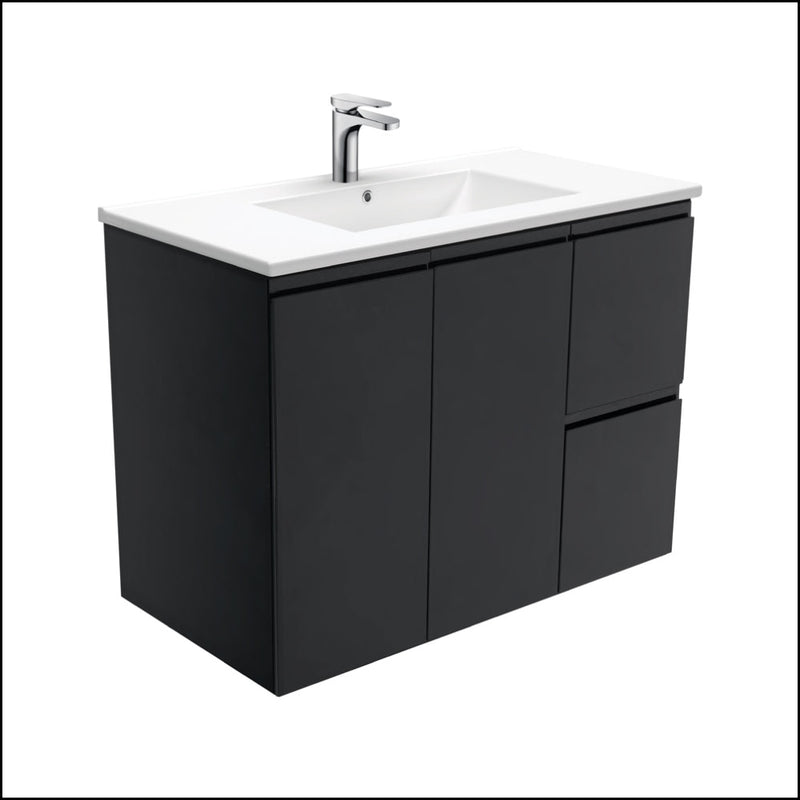 Fienza Tcl90Zbr Dolce 900Mm Fingerpull Satin Black Wall Hung Vanity Right Draws - Special Order