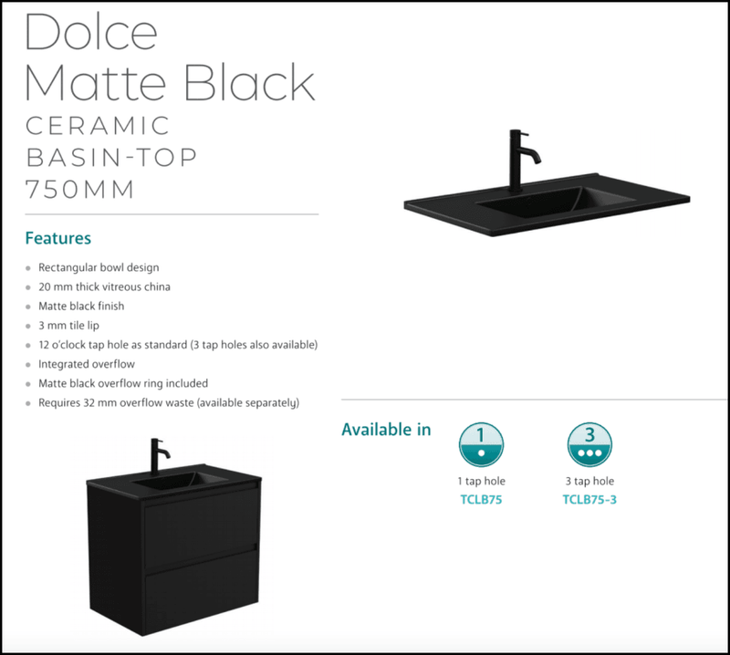 Fienza Tclb75Xkr 750Mm Dolce Matte Black Industrial Vanity With Kickboard Right Drawers - Special