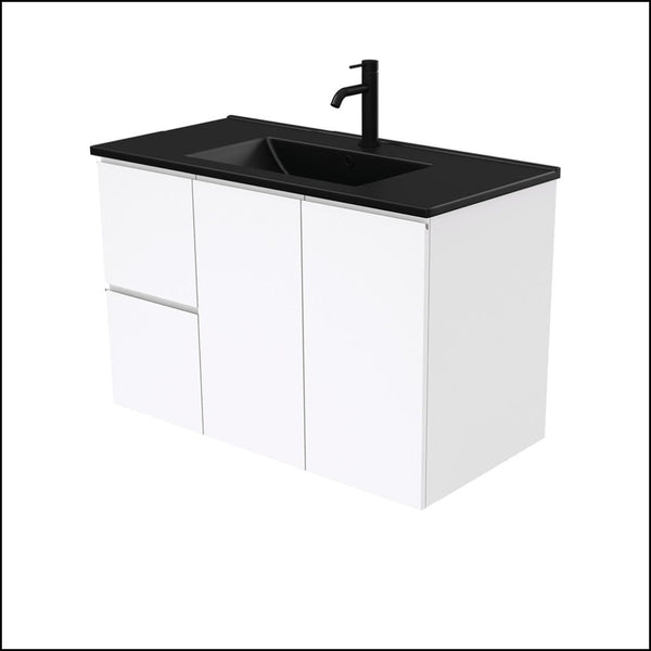 Fienza Tclb90Fl 900Mm Dolce Matte Black Fingerpull Gloss White Wall Hung Vanity Left Drawers -