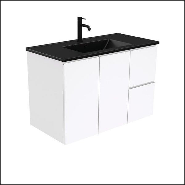 Fienza Tclb90Fr 900Mm Dolce Matte Black Fingerpull Gloss White Wall Hung Vanity Right Drawers -