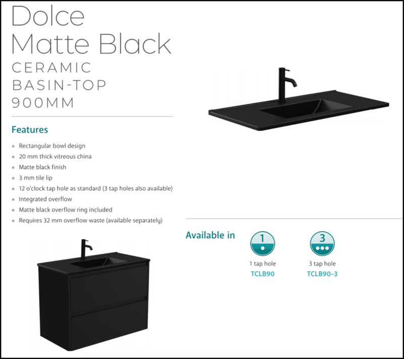 Fienza Tclb90Sr 900Mm Dolce Matte Black Scandi Oak Wall Hung Vanity Right Drawers - Special Order