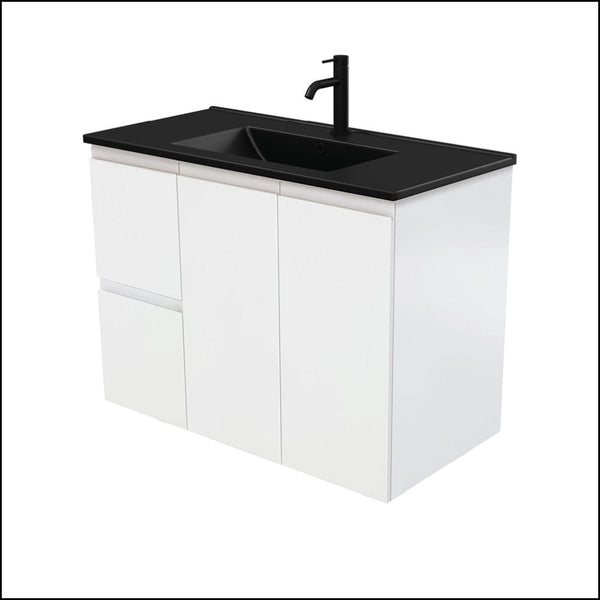 Fienza Tclb90Zl 900Mm Dolce Matte Black Fingerpull Satin White Wall Hung Vanity Left Drawers -