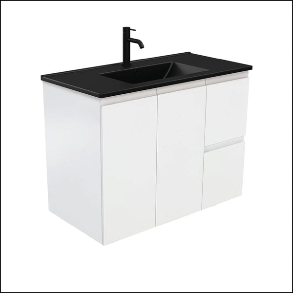 Fienza Tclb90Zr 900Mm Dolce Matte Black Fingerpull Satin White Wall Hung Vanity Right Drawers -