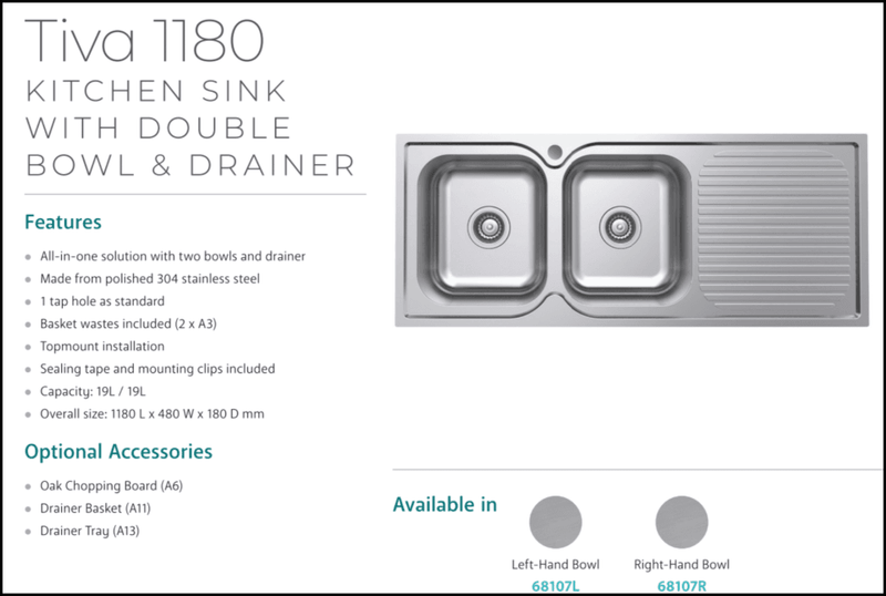 Fienza Tiva 68107R 1180 Double Kitchen Sink With Drainer Right Bowl - Special Order Top Mounted