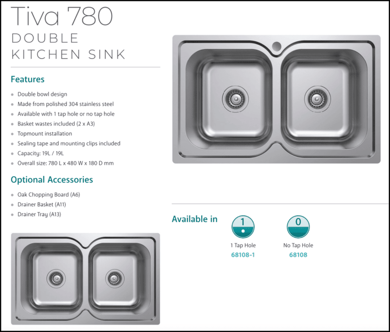 Fienza Tiva 780 Double Kitchen Sink No Tap Hole 68108 Top Mounted Sinks