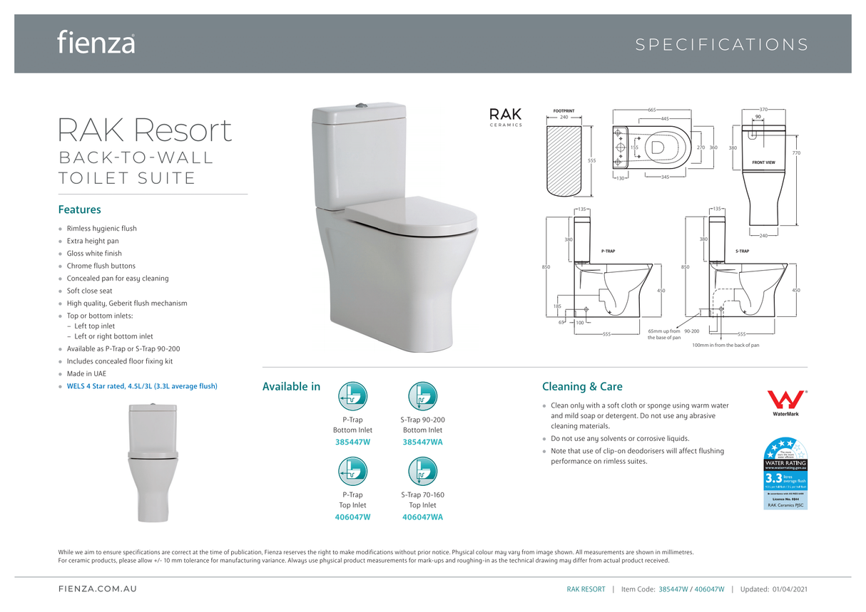 Fienza Rak Resort Back-to-Wall Suite Top Inlet