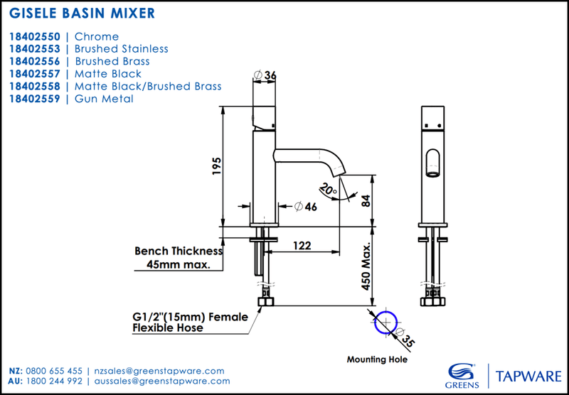 Greens Gisele 18402559 Basin Mixer - Gun Metal Mixers