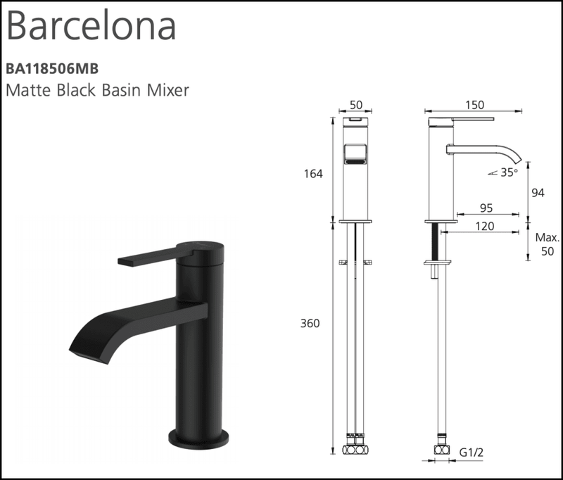 Oliveri Barcelona Ba118506Mb Matte Black Basin Mixer Mixers