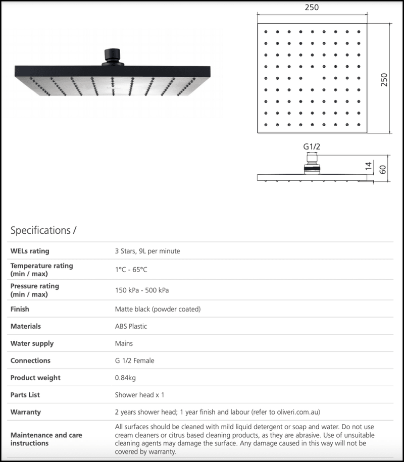 Oliveri Mo29301Mb Monaco Matte Black Shower Rose 250Mm Showers