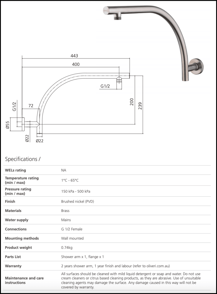 Oliveri Ro0008Bn Rome Brushed Nickel Raised Wall Mounted Shower Arm Showers