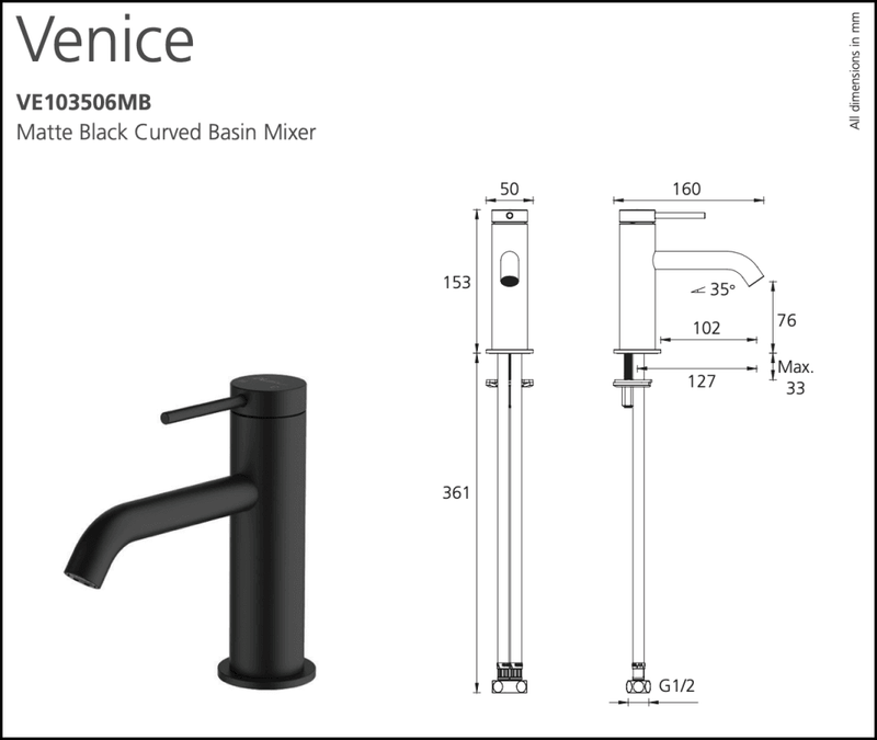 Oliveri Venice Ve103506Mb Matte Black Curved Basin Mixer Mixers