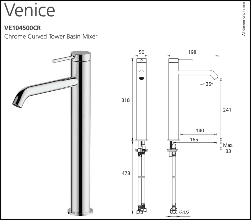 Oliveri Venice Ve104500Cr Curved Chrome Basin Tower Mixer Mixers