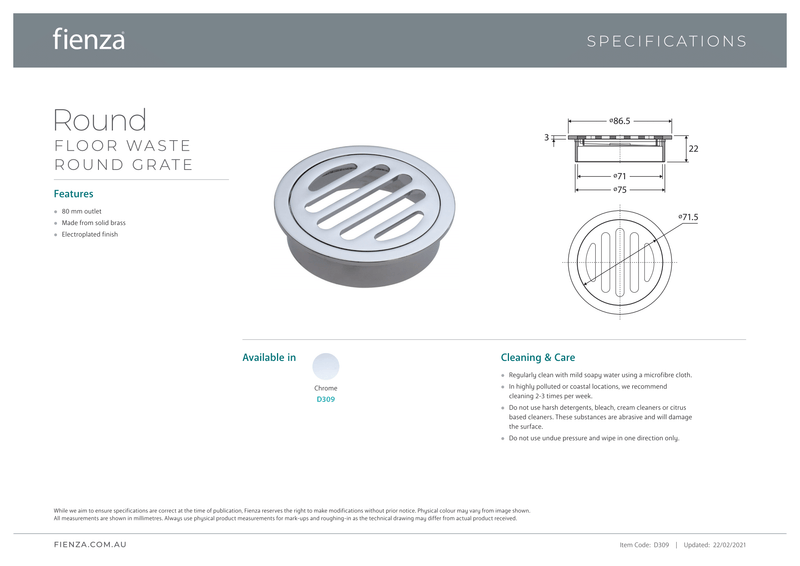 Fienza D309 Round Floor Waste with Round Grate 80mm, Chrome