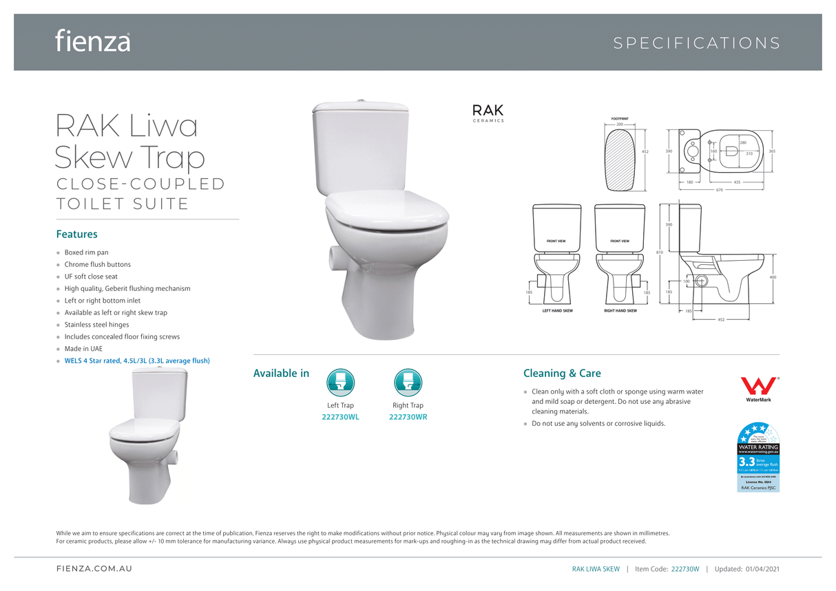 Fienza Rak Liwa Close-Coupled Suite Left Skew Trap - White